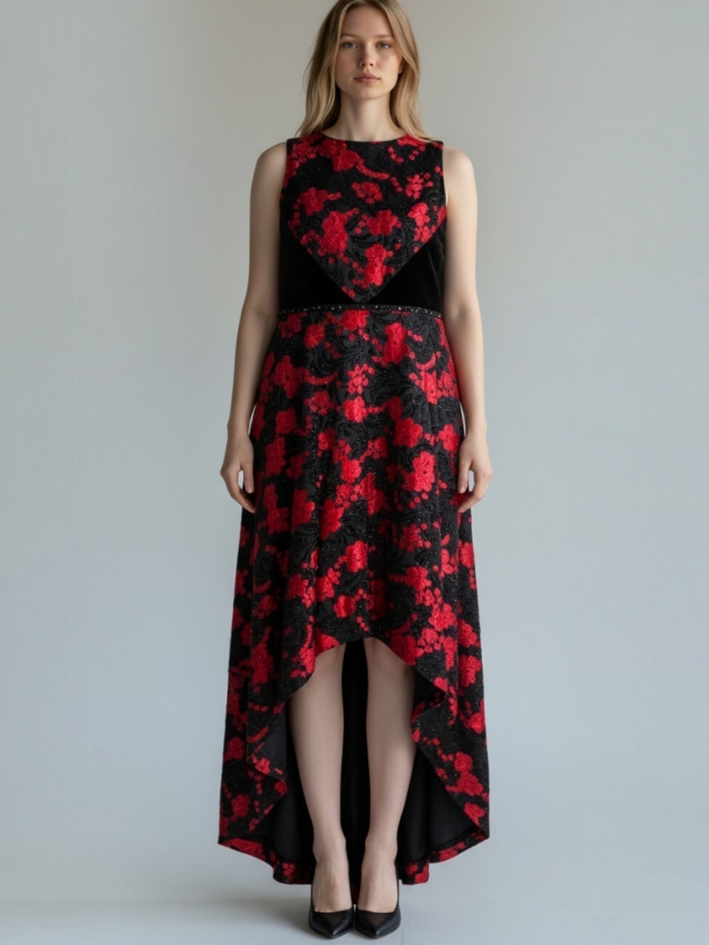 Tahari Arthur S. Levine Red & Black Velvet Floral Burnout High-Low Gown Size 14